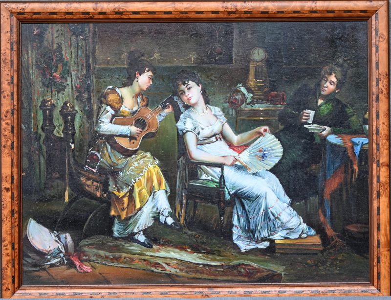 ‘In het salon’, olieverf op doek. Een moderne reproductie naar de 19e eeuw. Niet getekend.