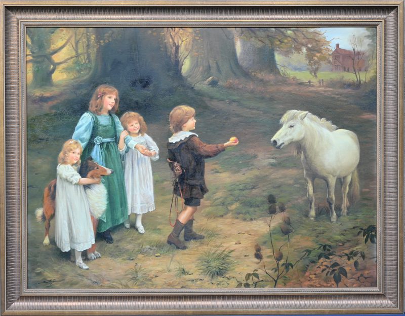 ‘Het tuigen van de pony’, olieverf op paneel. Naar de 19e eeuw, niet getekend.
