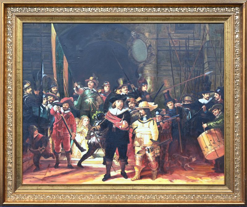 ‘De Nachtwacht’, olieverf op doek. Moderne reproductie naar het werk van Rembrandt van Rijn. Getekend; Arthit, ‘92.