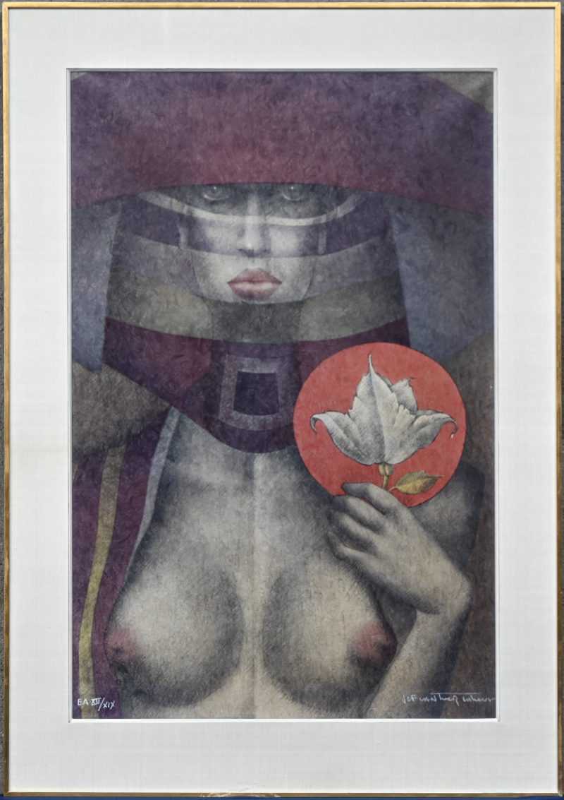 ‘Staand naakt met paarse hoed’, een lithografie in kleur, gesigneerd Jef Van Tuerenhout. Genummerde Epreuve d’Artiste, XII/XIX.