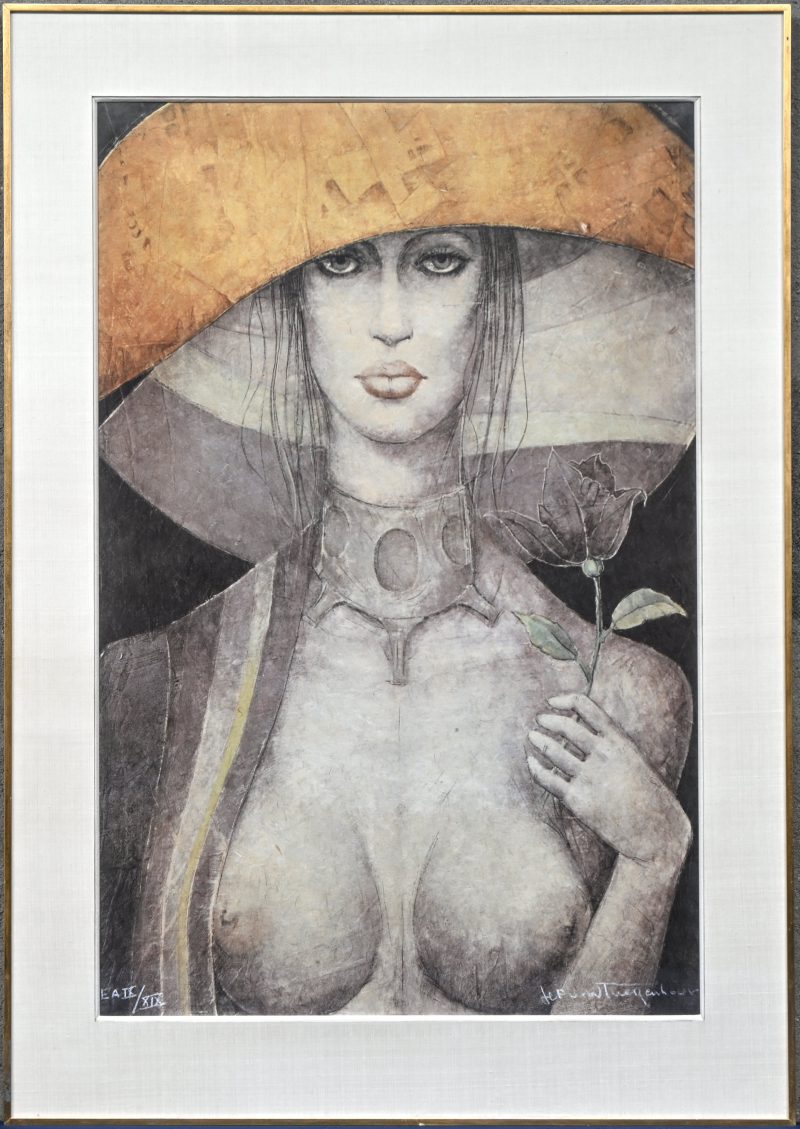 ‘Staand naakt met gele hoed’, een lithografie in kleur, gesigneerd Jef Van Tuerenhout. Genummerde Epreuve d’Artiste, IX/XIX.