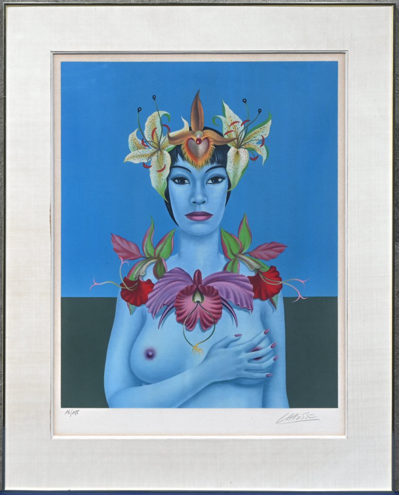 ‘La Dame aux orchidées’, een kleurenlithografie, getekend; Labisse. Nr. 16 uit een oplage van 175 exemplaren.
