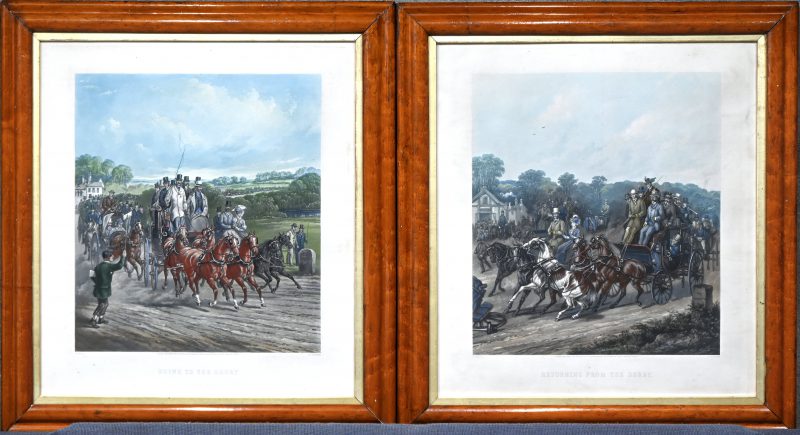 ‘Going to the derby’ & ‘’Returning from the derby’, een set van twee Engelse kleurenlitho’s. Naar het werk van H. Alken.