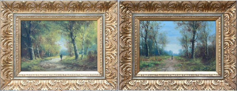“Wandelaar in de dreef.” Een set van twee olieverf schilderijen op doek. Gesigneerd.