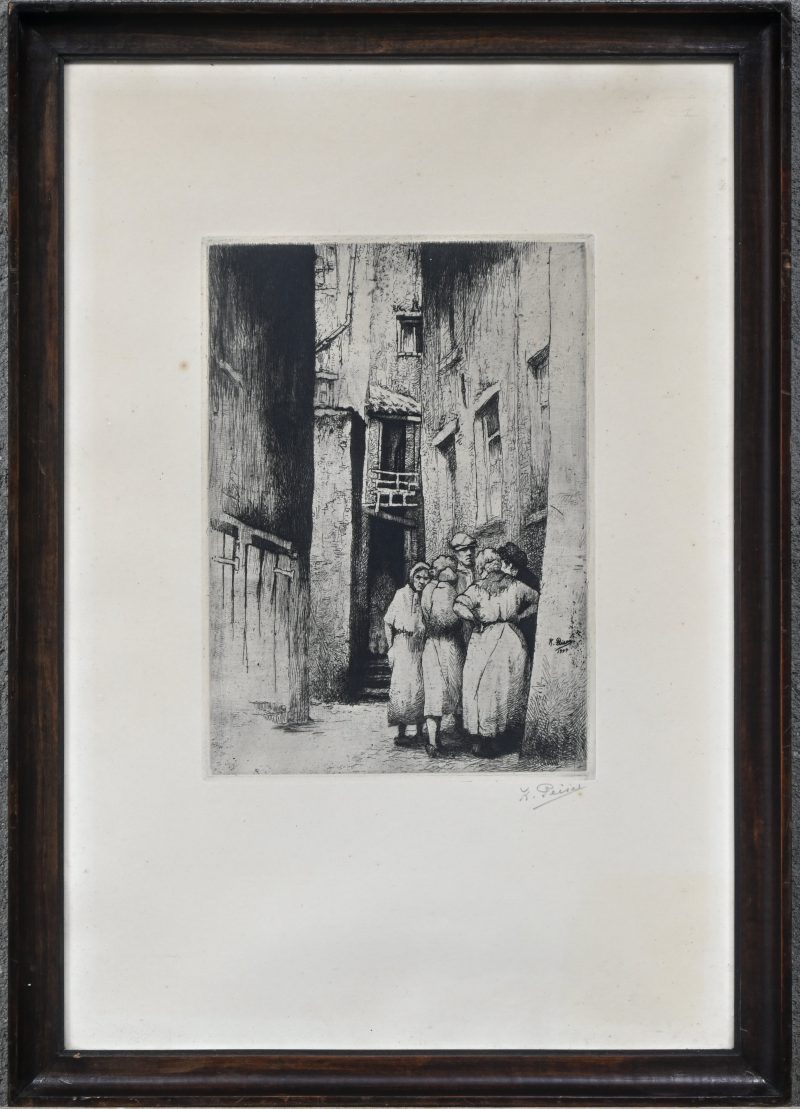 ‘Straatjesvolk’, een monochrome ets. Getekend binnen en buiten de plaat; K. Peiser.