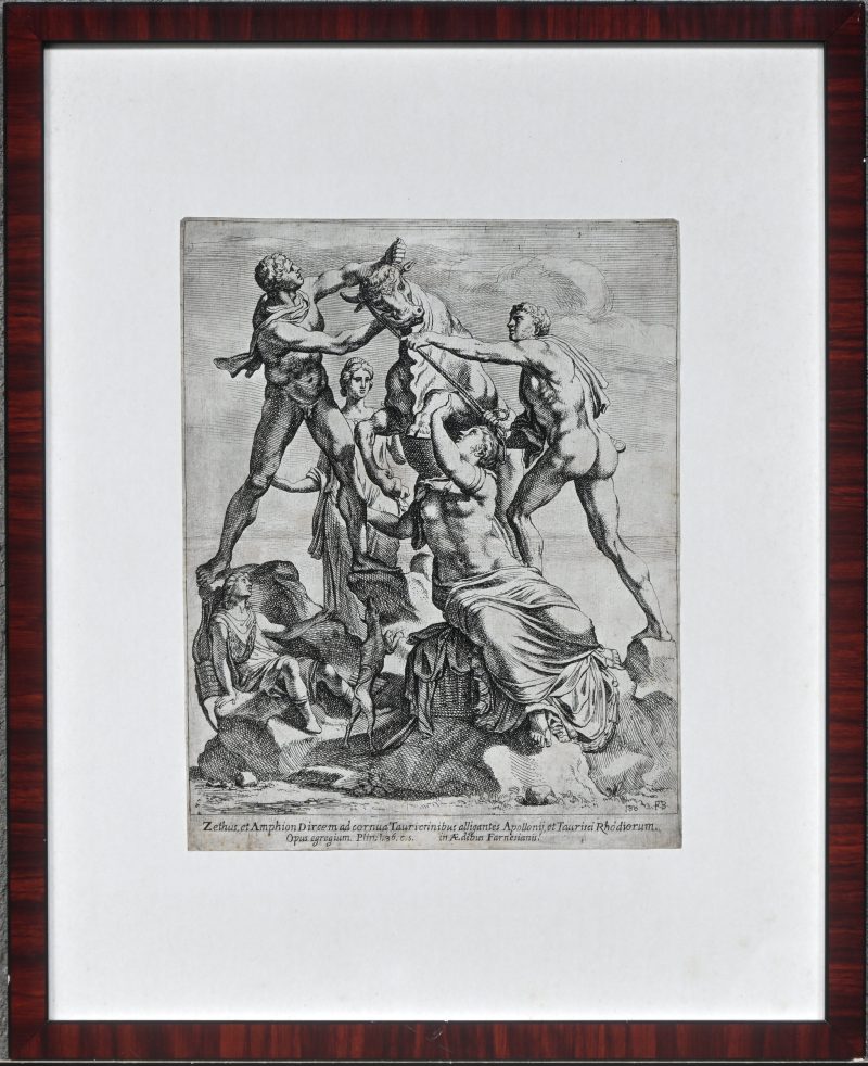 ‘Het lot van Dirce’, een gravure naar ‘Speculum Romanae Magnificentiae’. Getekend in de plaat met monogram F. P. B. Op de rug een etiket met toewijzing aan François Perrier, Bourgignon.