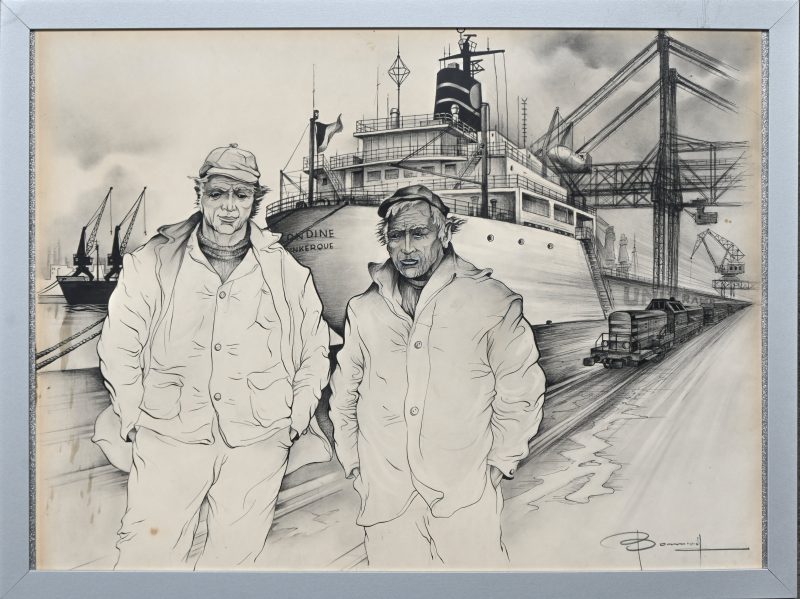 “Dokwerkers”, een tekening, gemengde techniek, gesigneerd Bonnevalle.