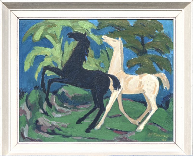 ‘Galloperende paarden’, olieverf op paneel. Een art-brut schilderij, getekend; Jef Moens.