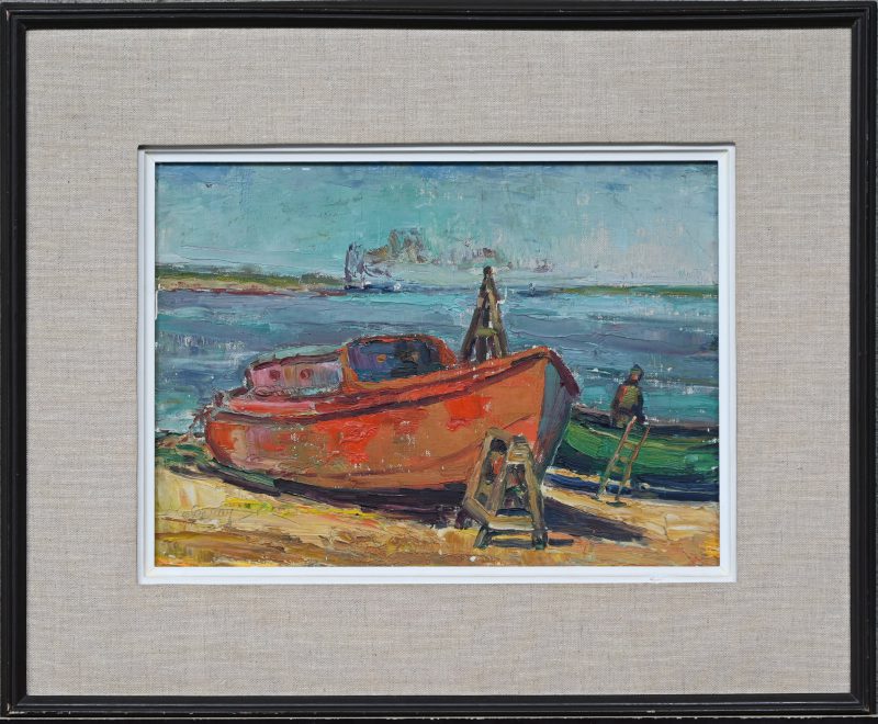 “Boten aan de oever.” Olieverf op paneel. Een impasto werk, medio 20ste eeuw. Onleesbaar gesigneerd.