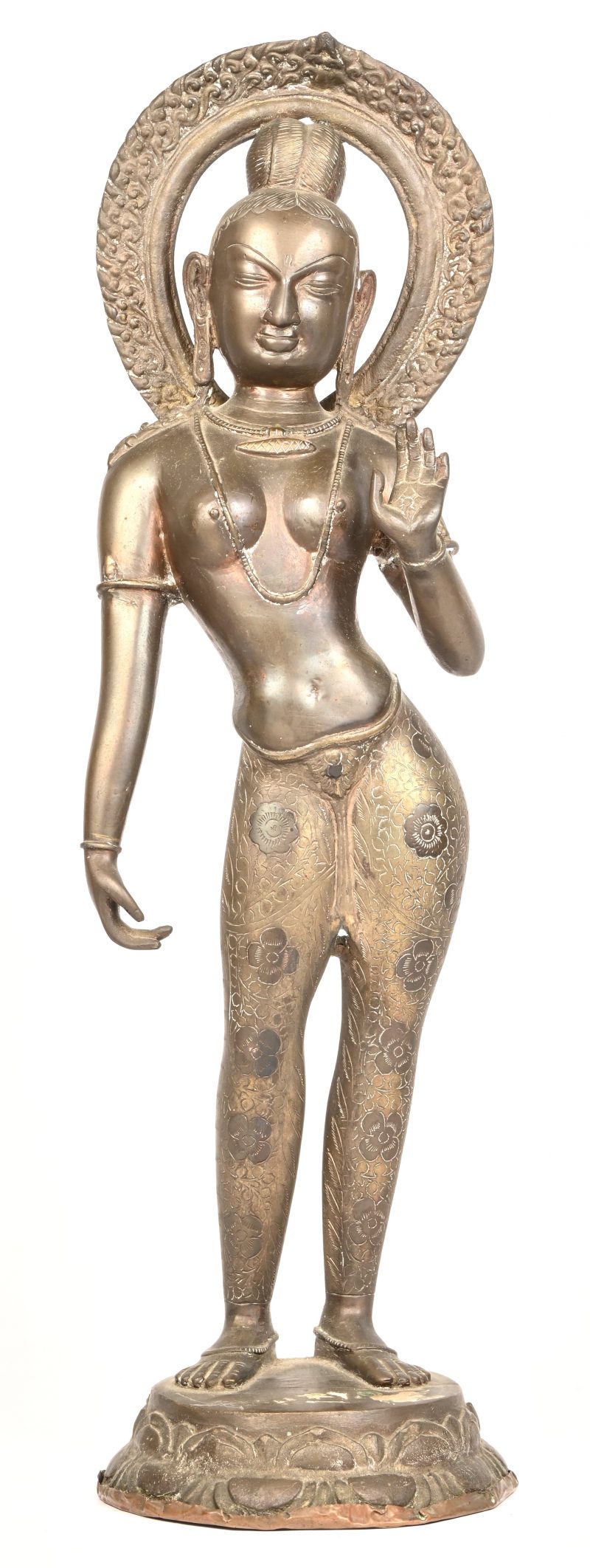 Een bronzen tempelbeeld op lotusbloem uit de Hindi cultuur, Indische afkomst.