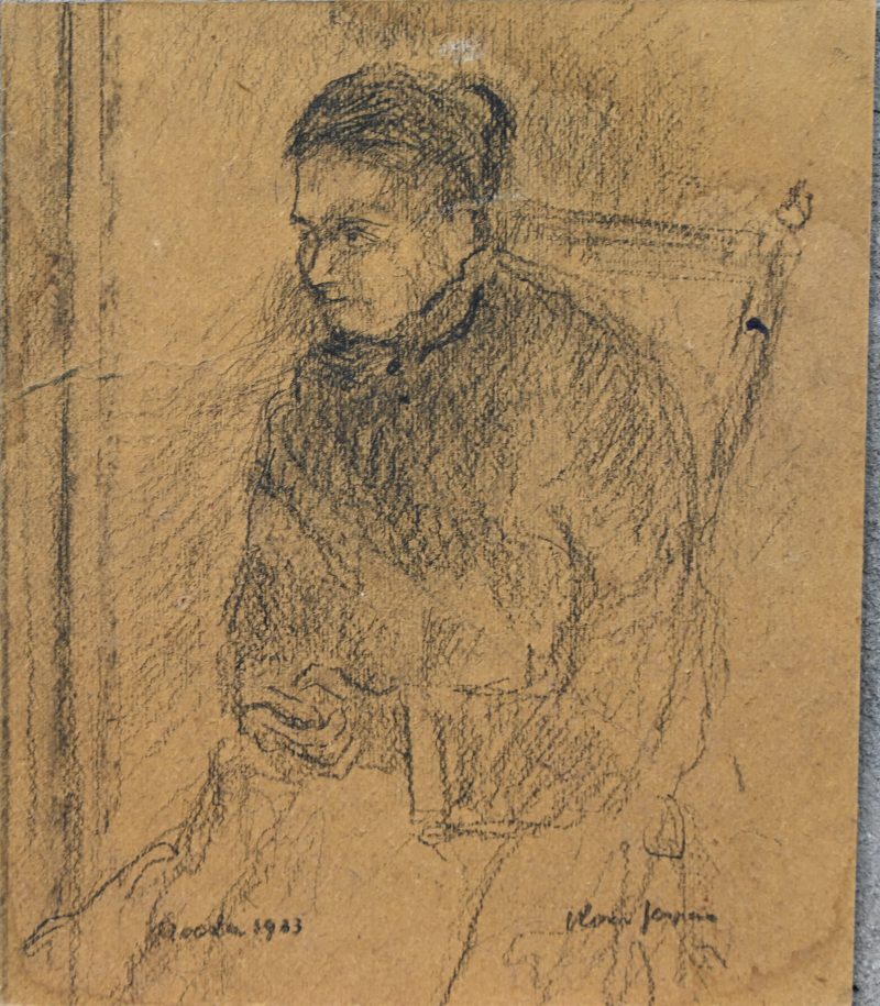 “Mijn moeder”, een houtskooltekening op board, getekend en gedateerd 1933.