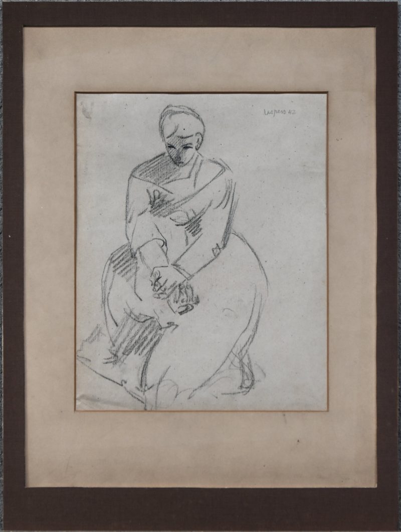 “Gezeten dame”, een potloodtekening op papier, getekend en gedateerd 1942.