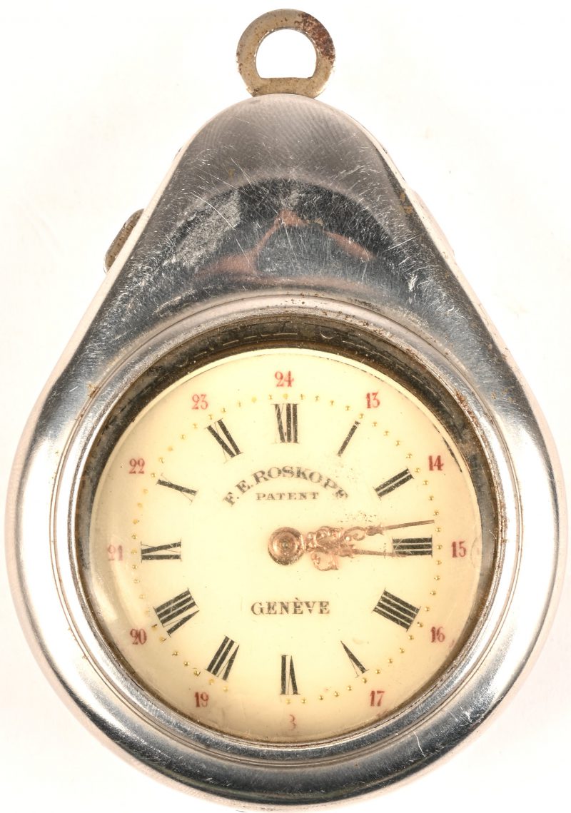 Een zakhorloge, Roskopf Genève, veritable montre Chemin de Fer, in beschermdoos, gedateerd 16-02-1910.