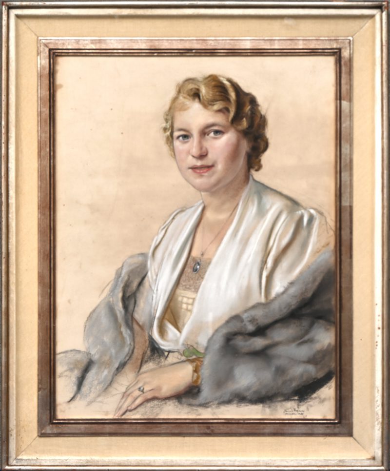 “Mevrouw Verellen, Damesportret”. Houtskool, pastel en aquarel. Gesigneerd en gedateerd Anvers 1937.