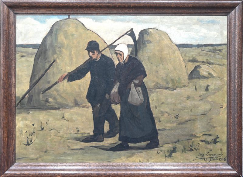 “Meules en Campine (esquisse)”. Olieverf op doek. Gesigneerd en gedateerd 18 juillet 1906. Achteraan handgeschreven eigendomsverklaring van de kunstenaars, later in het bezit van een bevriende familie gekomen.