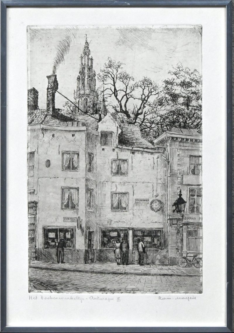 ‘Het boekenwinkeltje, Antwerpen’, een monochrome ets. Getekend; Rom. Malfliet. Nr. 19 uit een oplage van 100 exemplaren.