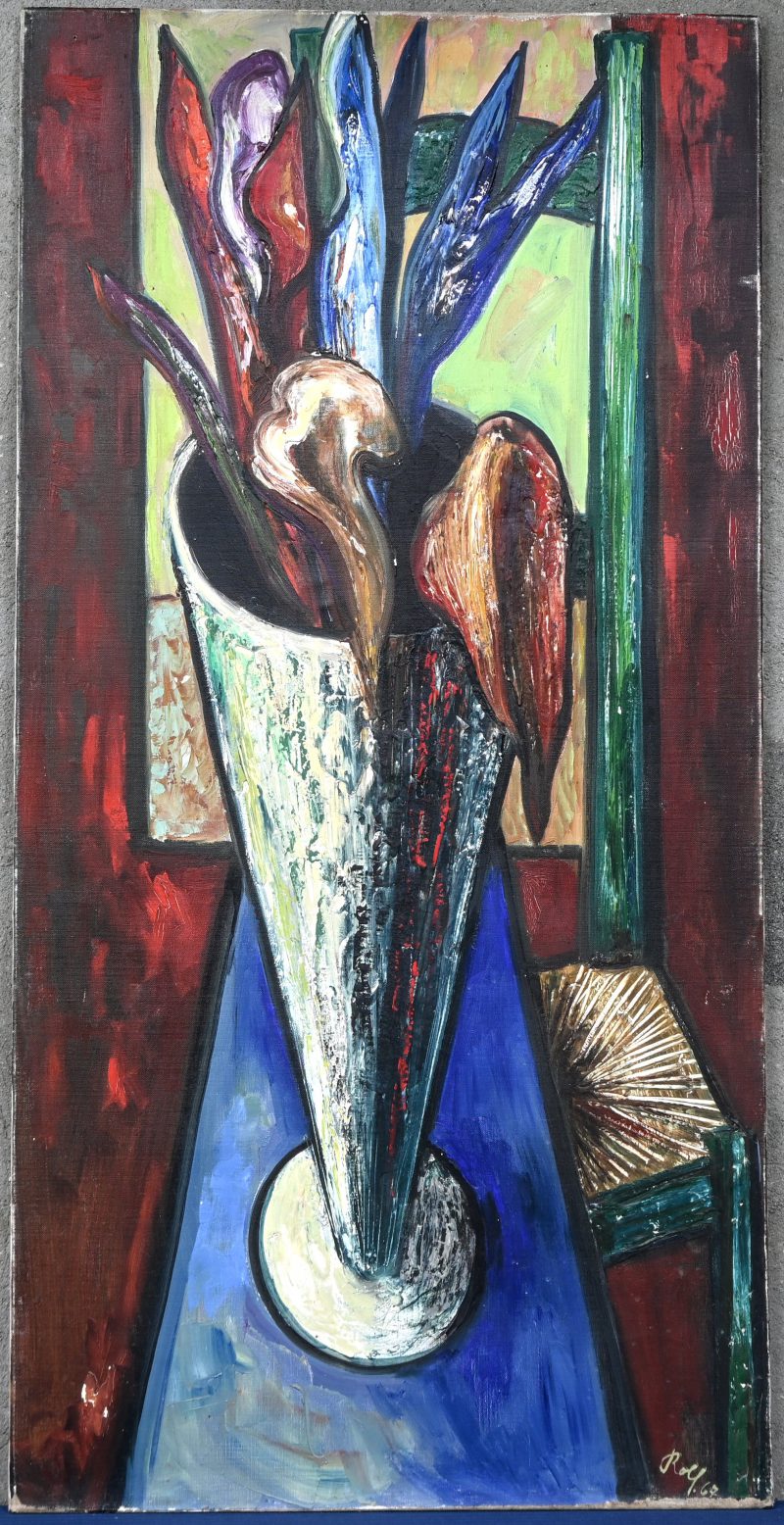 “Abstracte bloemen in conische vaas.” Olieverf op doek. Gesigneerd. Gedateerd ‘67.