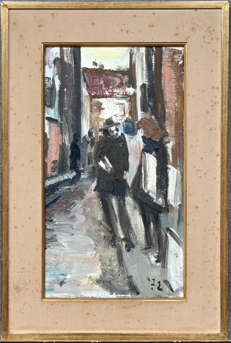 “Conversatie op straat” Olieverf op doek. Gesigneerd. Gedateerd ‘72.