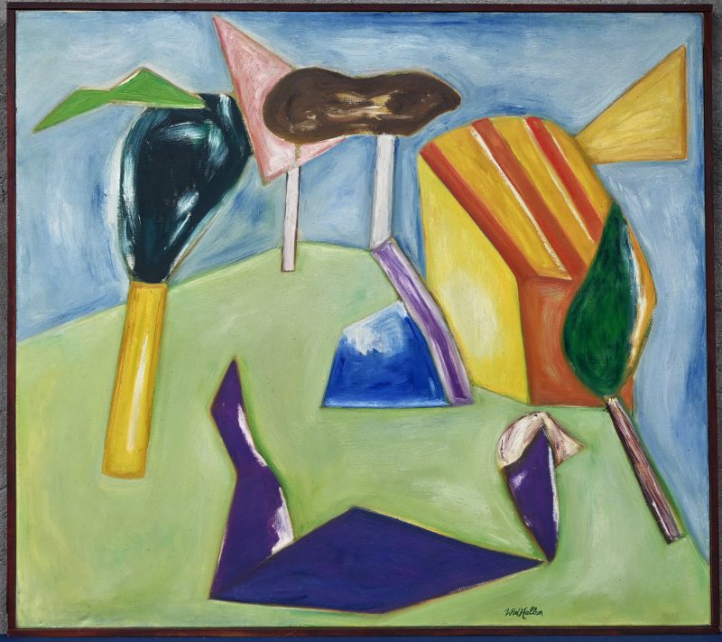 ‘Abstracte compositie’, olieverf op doek. Getekend; W. V. D. Hallen.