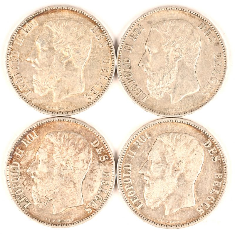 Vier zilveren munten, 900/1000, 5 francs, Leopold II, 1869, 1870, 1873 (2 x).