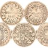 Vijf zilveren munten. 900/1000, 5 francs of lire. Leopold I 1853, Carlo Alberto 1942, Victor Emmanuel 1876, Louis-Philippe 1839, République Française 1949.