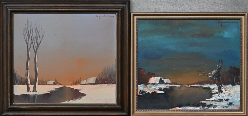 ‘Herfstlandschappen’, olieverf op paneel. Een set van twee schilderijen, getekend; L. Jordaens.