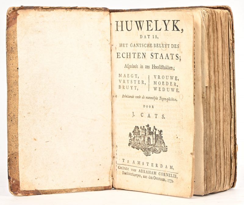 ‘Huwelyk, dat is het gantsche beleyt des echten staats; Afgedeelt in zes Hoofdstukken;’ Door Jacob Cats, 1779. Geïllustreerd met etsen.