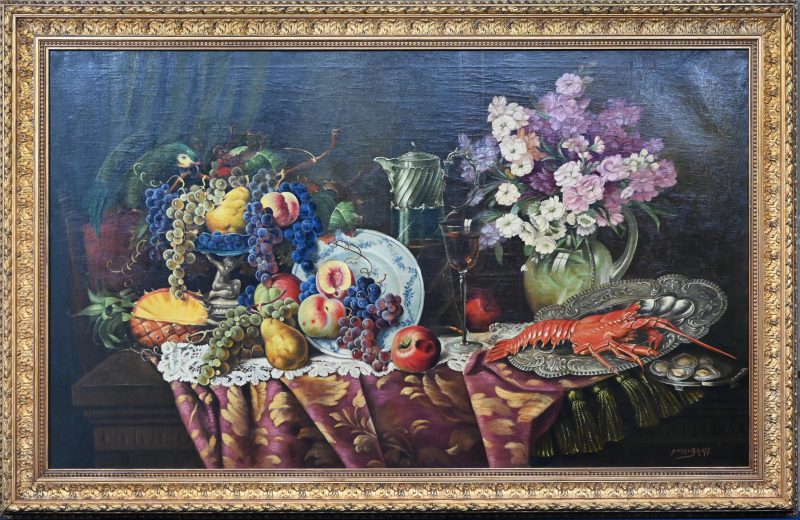 ‘Stilleven met een kreeft en fruit’, olieverf op doek. Getekend; Harry Graff.
