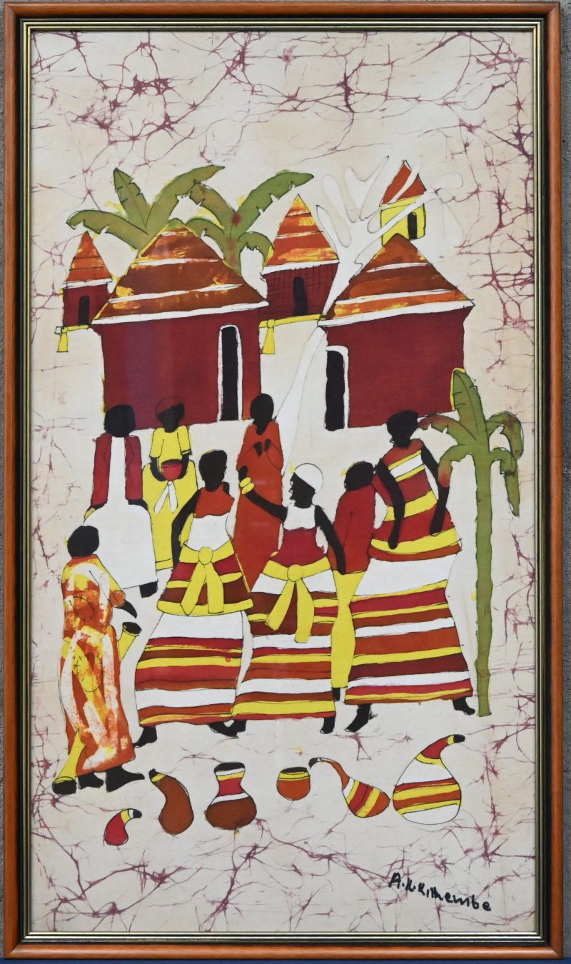 ‘Dansende vrouwen met hutten in de achtergrond’, een schilderij in gemengde techniek. Getekend; Kilhembe.