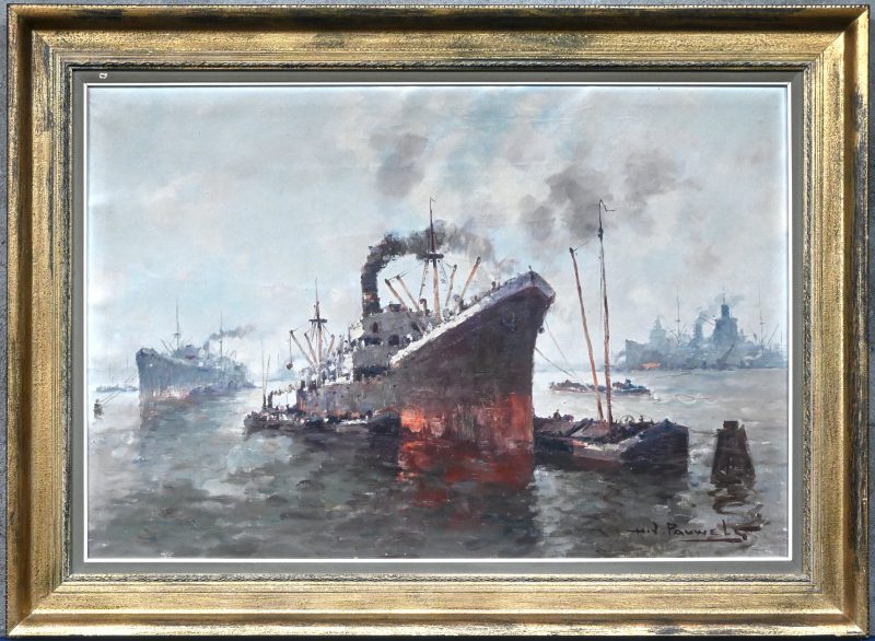 “Stoomschepen en bunkerboten”, olieverf op doek. Getekend; H. J. Pauwels.