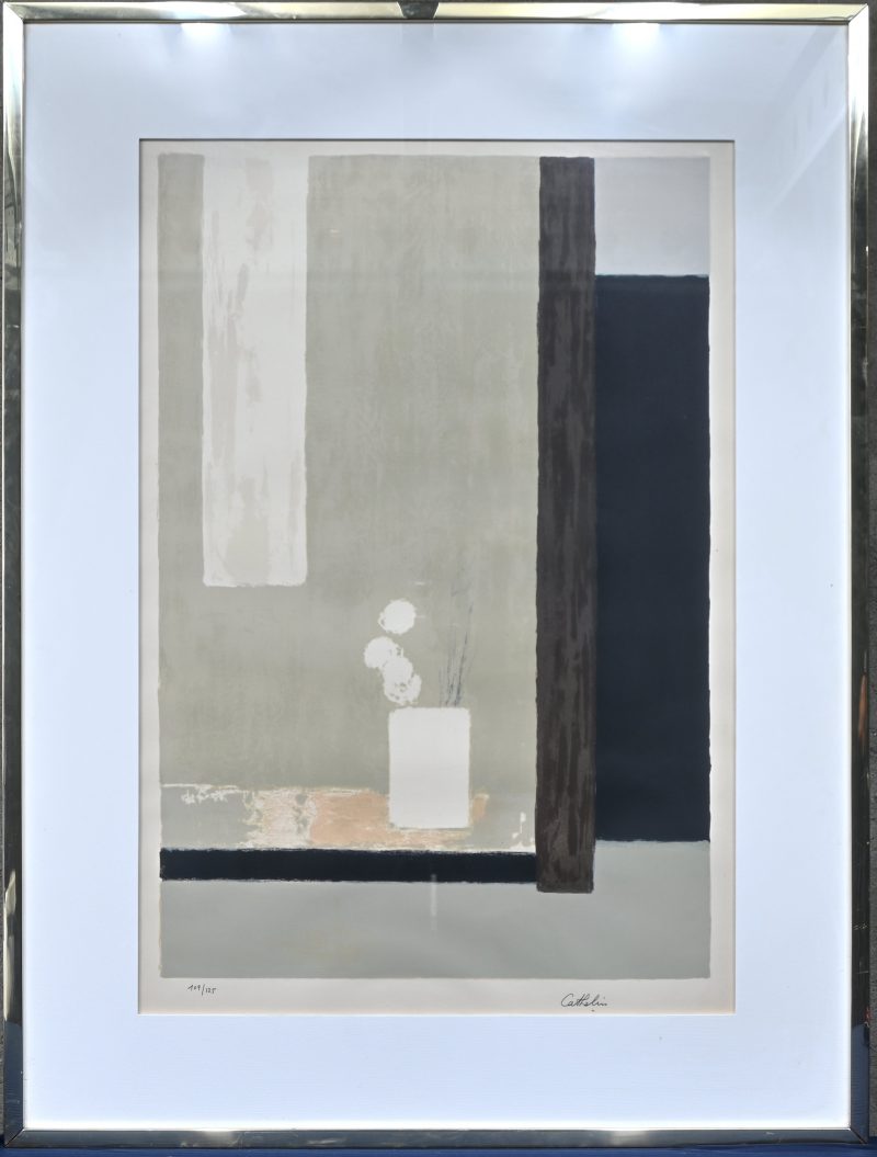 “Minimalistisch interieurzicht”, kleurenlithografie, gesigneerd en genummerd 109/125.