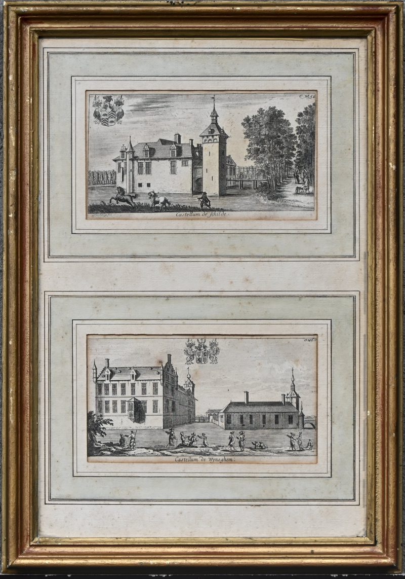 Twee antieke gravures: ‘Castellum de Schilde en ‘Castellum de Wyneghem’, door J. Lenoy, 1725.