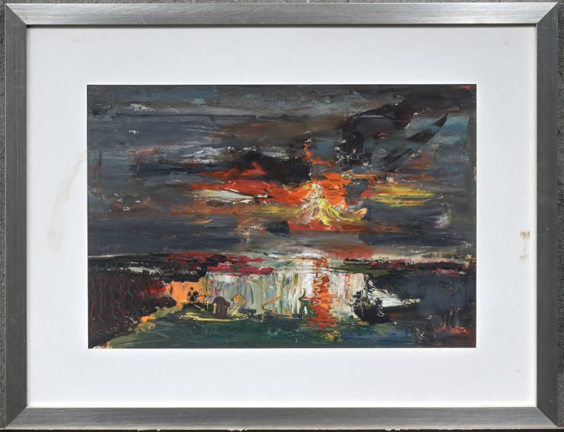 “Abstract impressionistisch landschap”, een schilderij, olieverf op papier, gesigneerd.