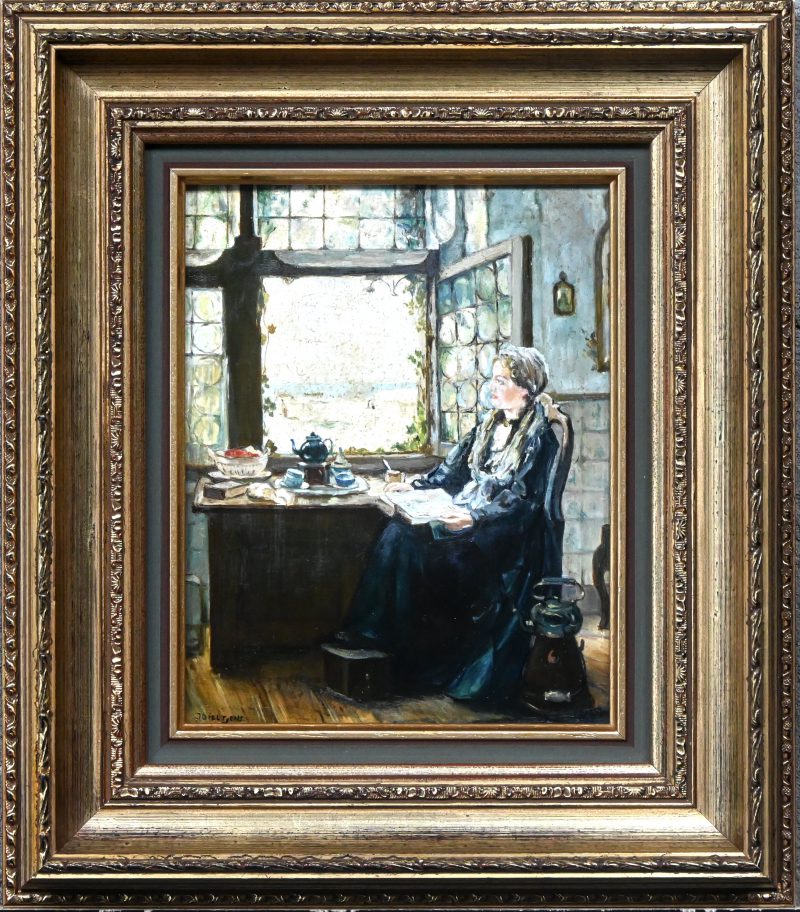‘Lezend aan het raam’, olieverf op paneel. Getekend; J. Dieltjens.