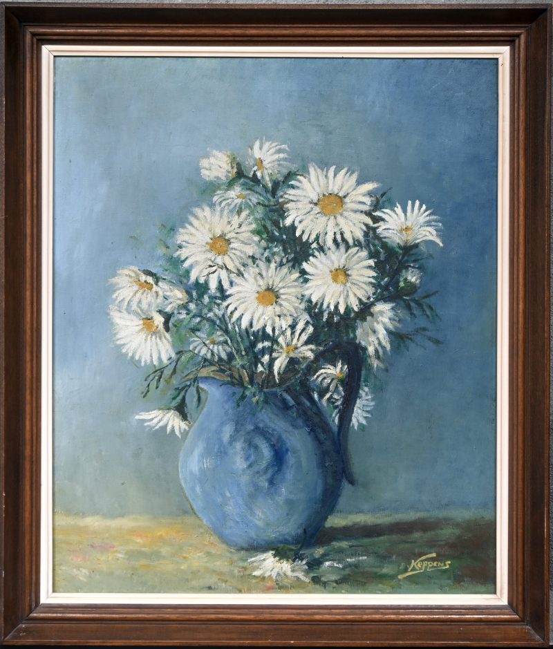 ‘Bloemenvaas met margrieten’, olieverf op doek. Getekend; Keppens.