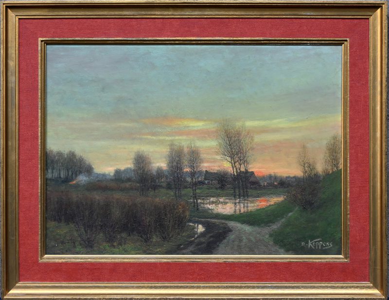 ‘Landschap bij zonsondergang’, olieverf op doek. Getekend; Keppens.