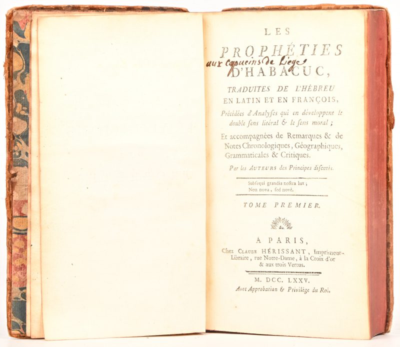 “Les prophéties d'Habacuc, traduites de l'hébreu, en latin et en françois”, Chez Claude Herissant, 1775. Tome Premier.
