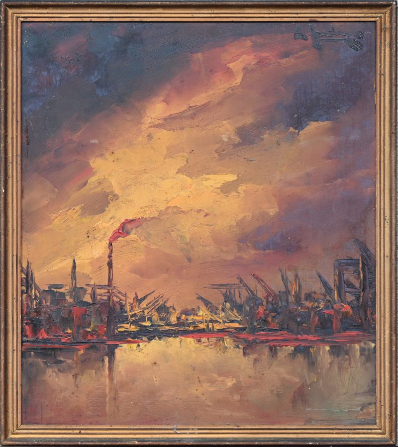 ‘Havenzicht’, olieverf op paneel. Getekend; L. Jordaens.