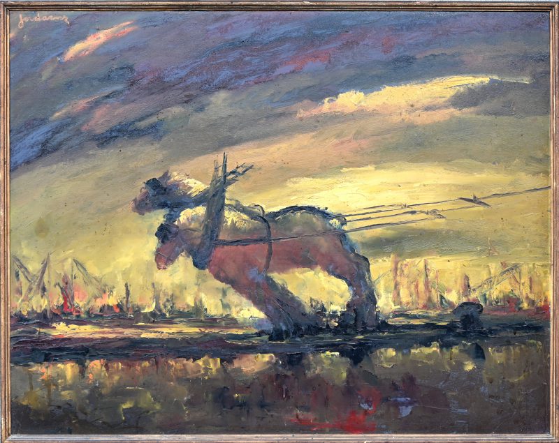 ‘Trekpaarden in de haven’, olieverf op paneel. Getekend; Jordaens.
