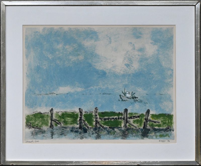‘L’Escaut à Doel’, monoprint. Getekend buiten de plaat; A. Goezu, ‘64. Schade aan de kader.