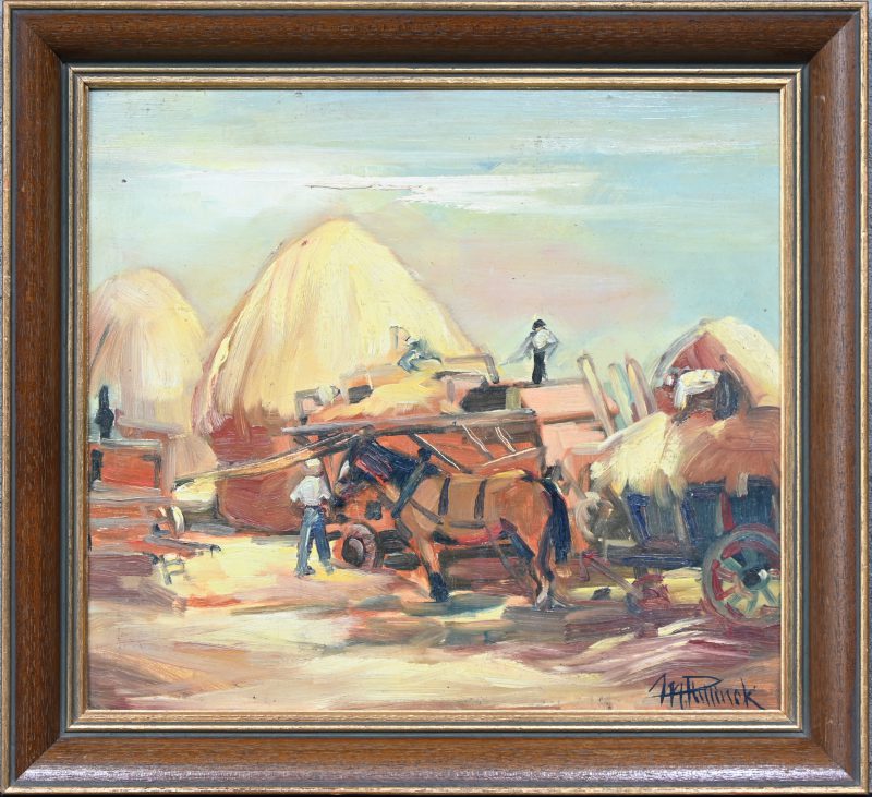 ‘Hooimijten en trekpaard’, olieverf op doek. Een impressionistisch werk, getekend; M. Plettinck