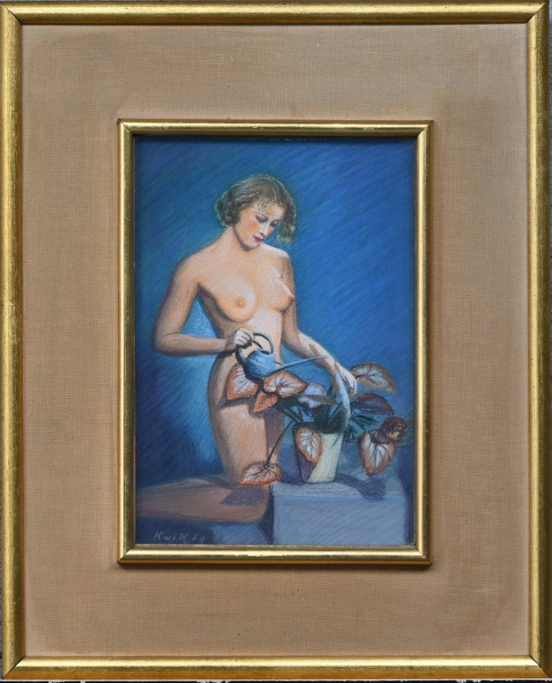 ‘Naakt met gieter’, gouache op papier. Getekend; Kwik Fr.