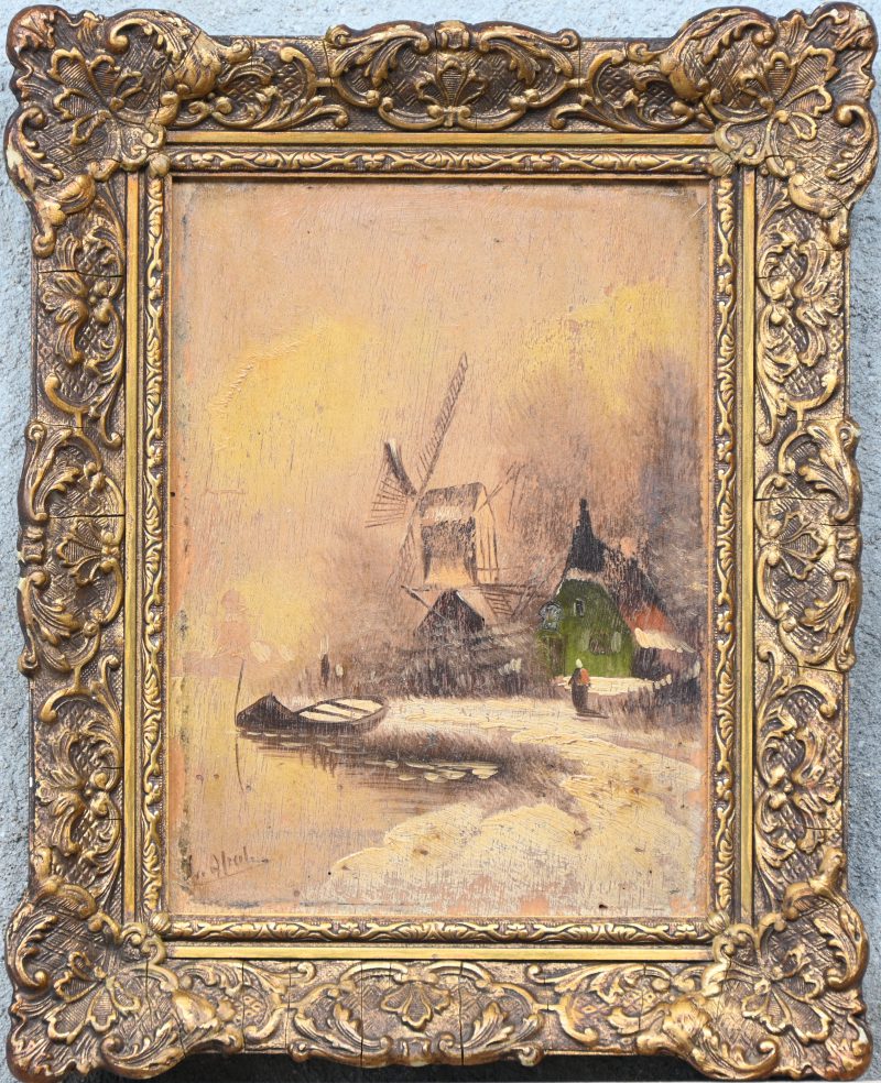 ‘Winterlandschap met molen’, olieverf op paneel. Getekend; Apol.