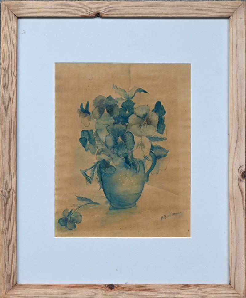 ‘Bloemenvaas’, aquarel in gedempte tonen. Onleesbaar getekend.