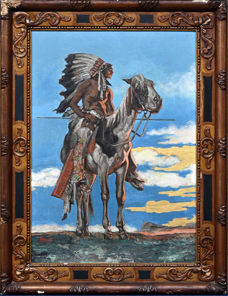 ‘Indiaan te paard’, olieverf op paneel. Getekend; O. Glas.