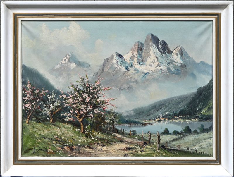 ‘Berglandschap met bloesembomen’, olieverf op doek. Draagt een handtekening.