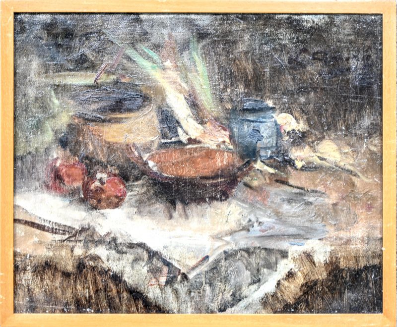 ‘Stilleven met aardewerk’, olieverf op doek. Getekend; V. Simonin.