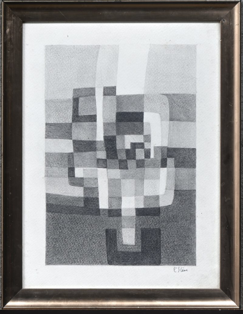 ‘Abstracte compositie’, potloodtekening. Getekend; Estève. Draagt op de rug een niet geverifieerde verwijzing naar Maurice Estève.