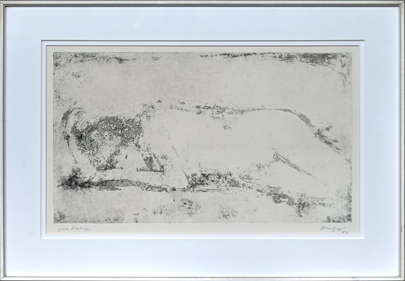 “Liggend Naakt.” Ets op papier. Épreuve D’artiste. Onleesbaar Gesigneerd.