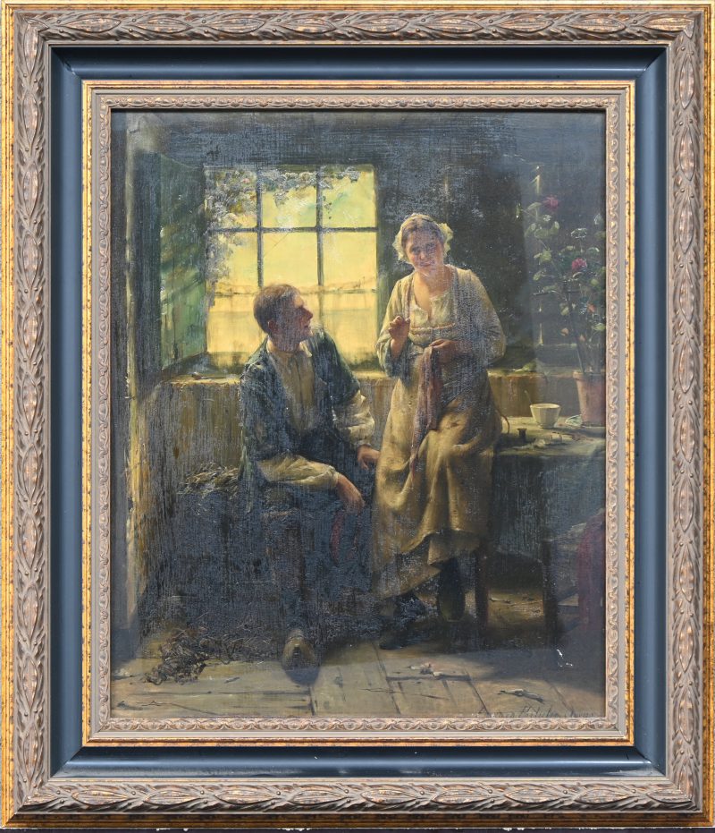 “Beginnende romance”. Olieverf op doek. Gesigneerd rechtsonder.